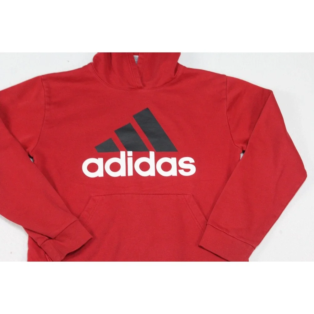 Adidas Boy Red Hooded Sweater Long Sleeve Logo Three Stripes Size Large